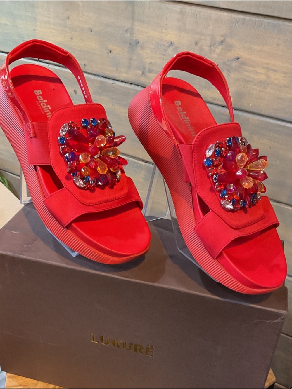 Baldinini Red Jeweled Platform Slingback Sandals